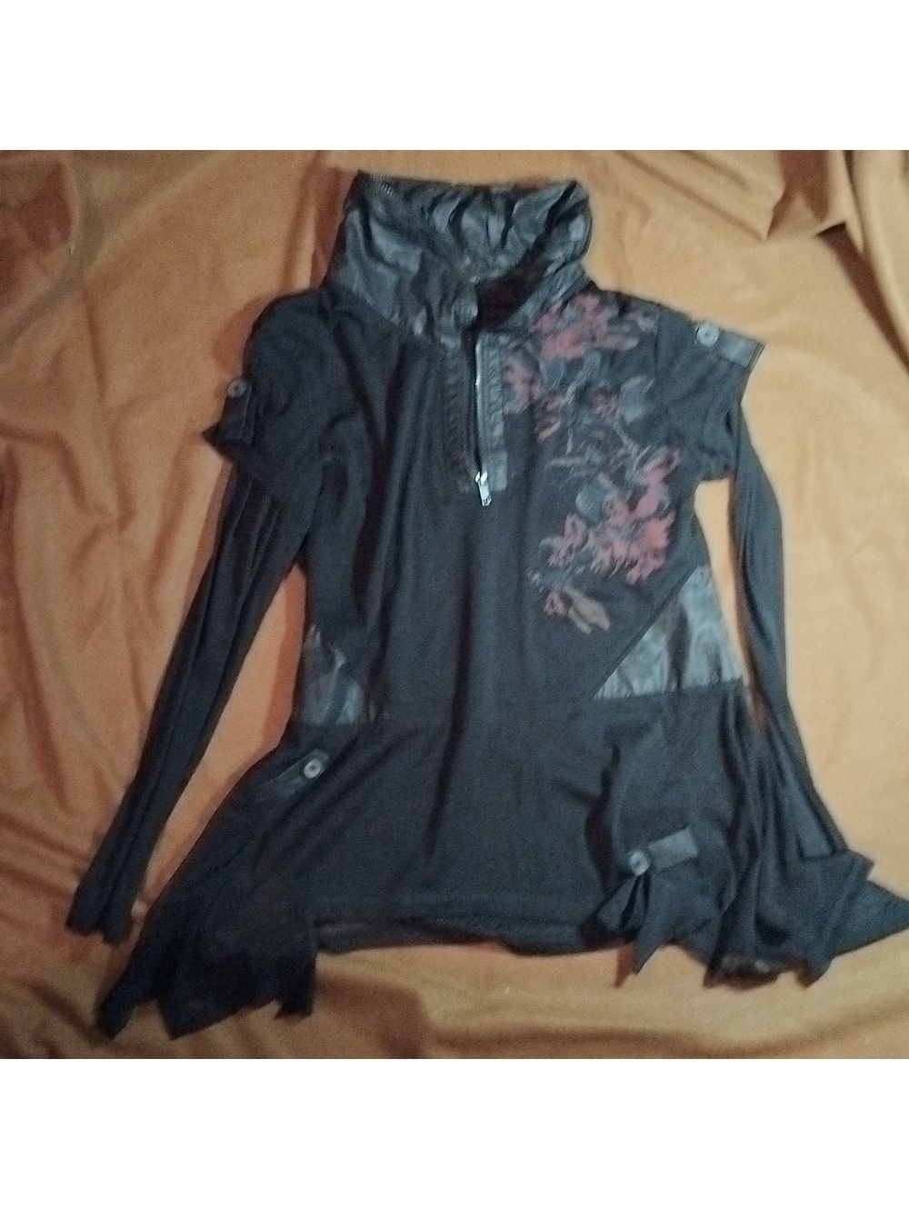 La-El Couture Floral Mesh Hooded Pullover Sweatshirt 1/2 Zip Black Pink Small
